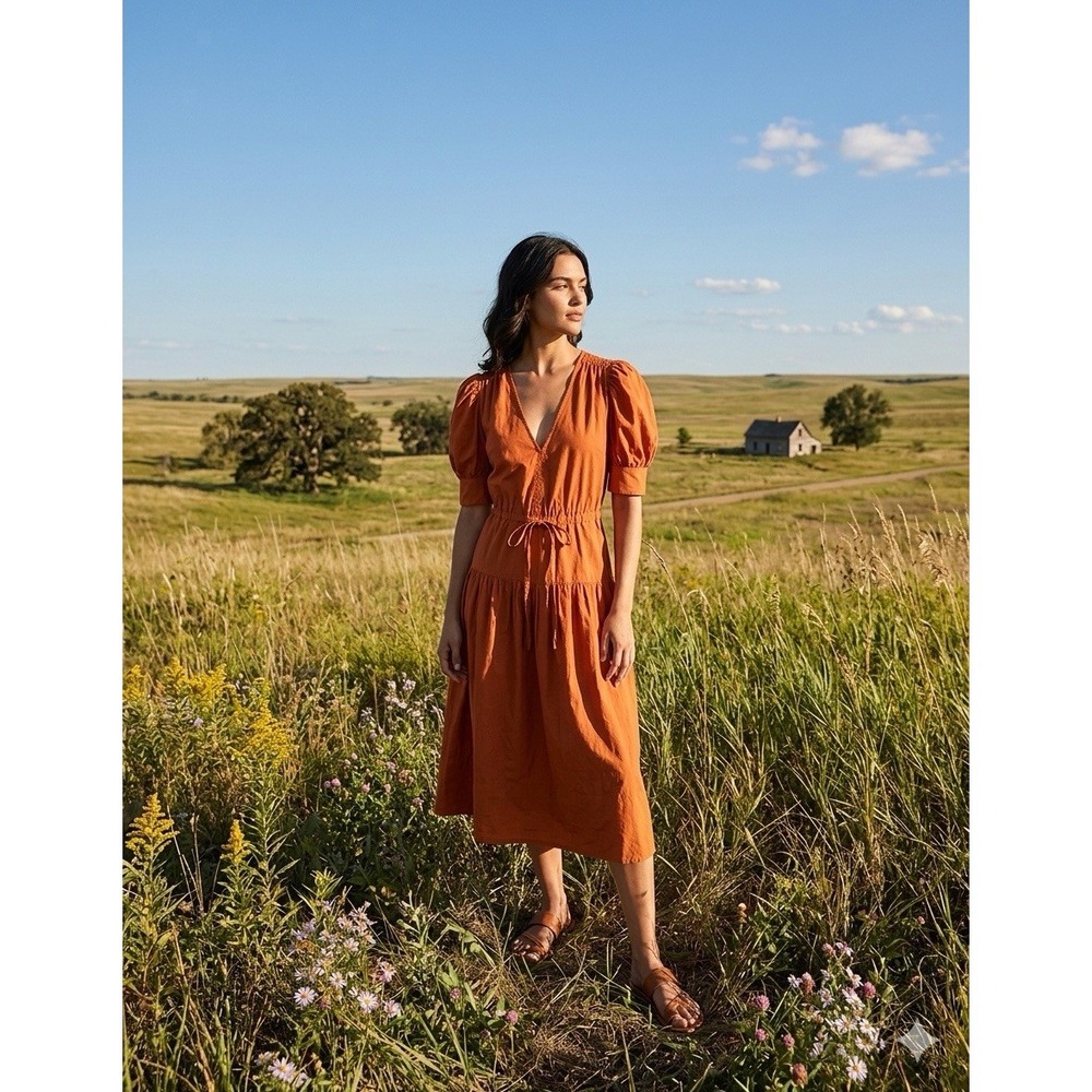 Ulla Johnson Rust Orange Puff Sleeve Midi Dress